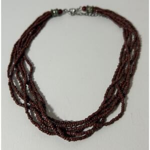Vintage 7-Strand Brown Seed Bead Necklace with Silver Accents, 19" Length